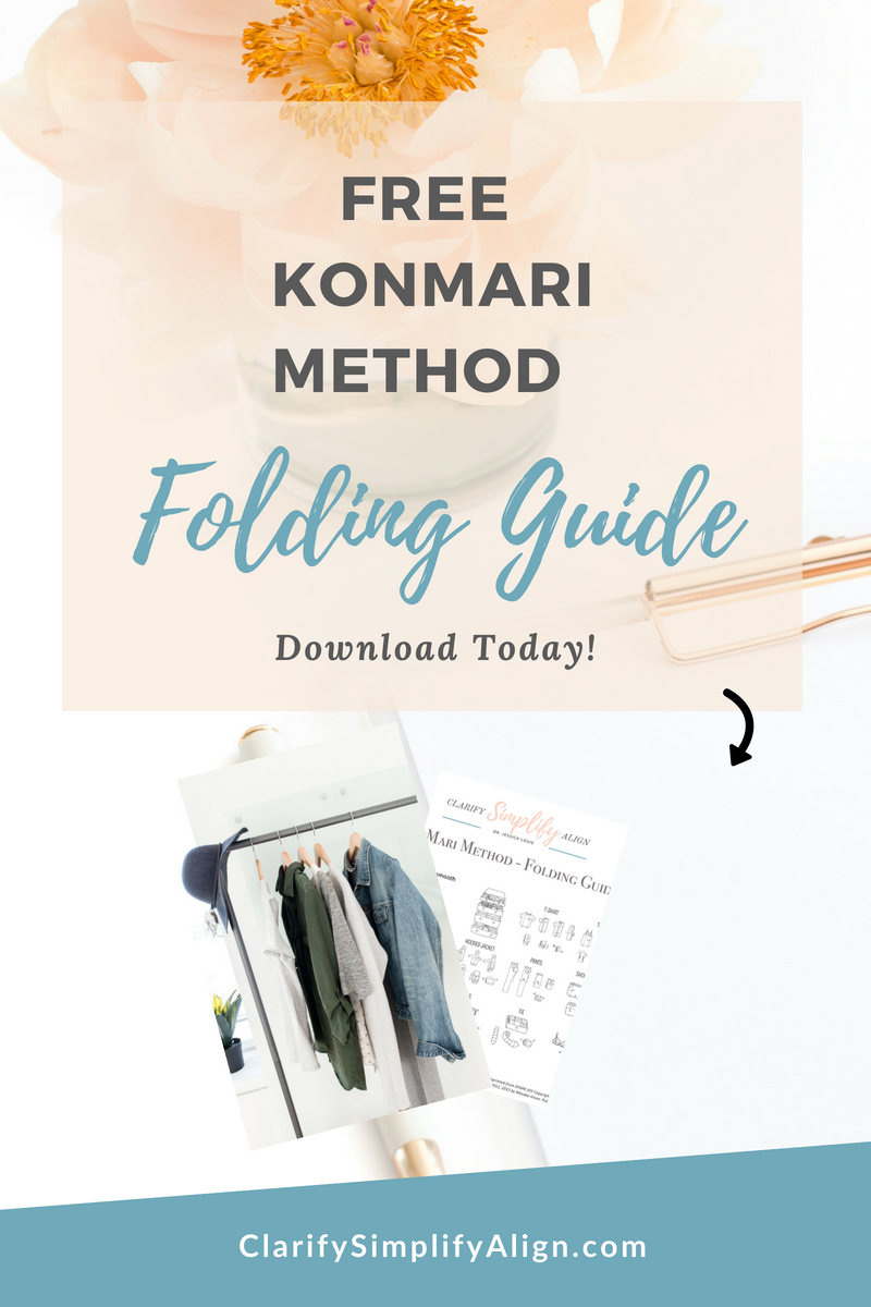 How to fold clothing using the KonMari Method from a Certified KonMari Consultant Los Angeles, Filing method of clothing and storing clothing Free Download by Clarify Simplify Align by Dr. Jessica Louie, KonMari Consultant, motivational coach, pharmacist, & educator. Clarify your why, simplify your home and wardrobe, align your work & life through well-being and burnout prevention and advocacy. Champion of the Start with Why movement by Simon Sinek & KonMari by Marie Kondo. Life Sparks Joy in Los Angeles, Salt Lake City, Brookfield, & Milwaukee in-home coaching/consulting plus virtual coaching available.