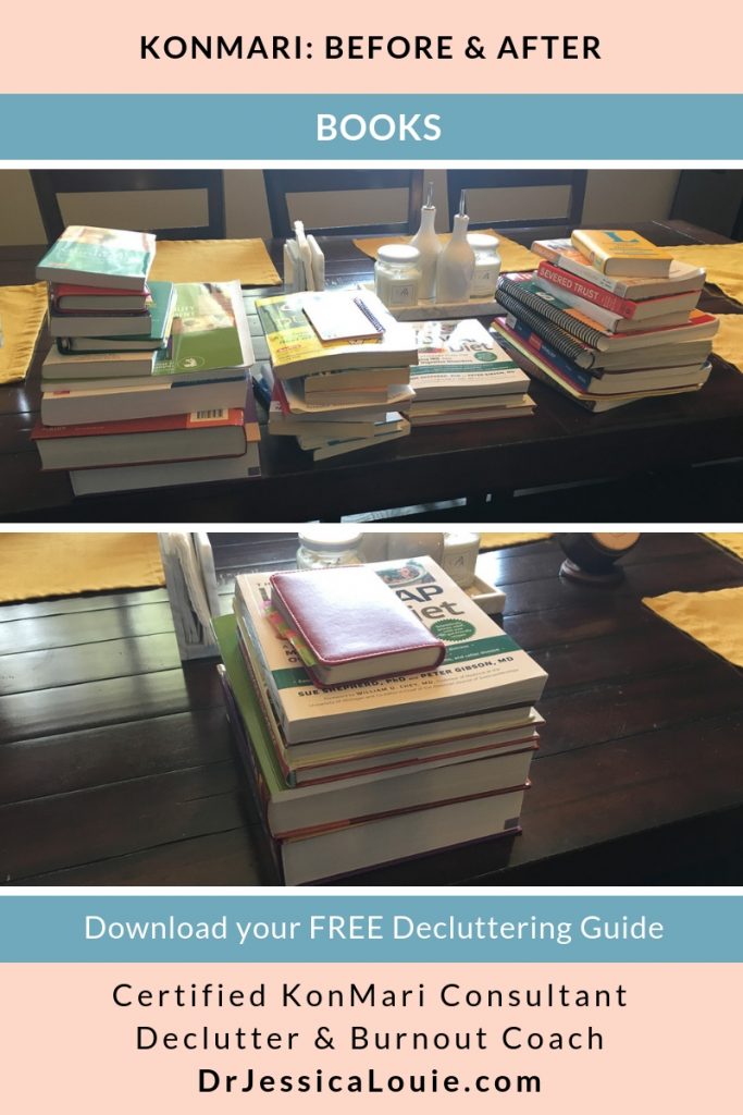 KonMari Method before and after photos with Dr. Jessica Louie, PharmD, Certified KonMari Consultant and Coach in Los Angeles. Declutter Coach and Burnout Coach. Joyful and intentional living. Happy PharmD. Japanese organizing to change life. Curate a life you love. DrJessicaLouie.com. books