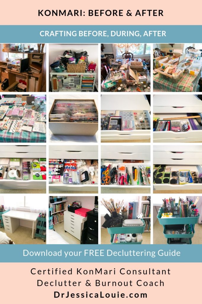 KonMari Method before and after photos with Dr. Jessica Louie, PharmD, Certified KonMari Consultant and Coach in Los Angeles. Declutter Coach and Burnout Coach. Joyful and intentional living. Happy PharmD. Japanese organizing to change life. Curate a life you love. DrJessicaLouie.com. crafting supplies scrapbooking stickers Ikea desk