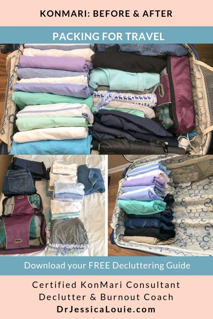 KonMari Method before and after photos with Dr. Jessica Louie, PharmD, Certified KonMari Consultant and Coach in Los Angeles. Declutter Coach and Burnout Coach. Joyful and intentional living. Happy PharmD. Japanese organizing to change life. Curate a life you love. DrJessicaLouie.com. packing for travel