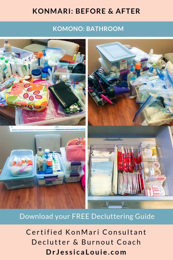 KonMari Method before and after photos with Dr. Jessica Louie, PharmD, Certified KonMari Consultant and Coach in Los Angeles. Declutter Coach and Burnout Coach. Joyful and intentional living. Happy PharmD. Japanese organizing to change life. Curate a life you love. DrJessicaLouie.com. Bathroom supplies first aid beauty lotions