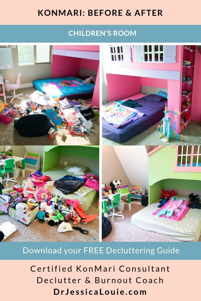 KonMari Method before and after photos with Dr. Jessica Louie, PharmD, Certified KonMari Consultant and Coach in Los Angeles. Declutter Coach and Burnout Coach. Joyful and intentional living. Happy PharmD. Japanese organizing to change life. Curate a life you love. DrJessicaLouie.com. Daughters room children's room