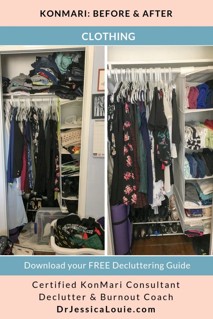 KonMari Method before and after photos with Dr. Jessica Louie, PharmD, Certified KonMari Consultant and Coach in Los Angeles. Declutter Coach and Burnout Coach. Joyful and intentional living. Happy PharmD. Japanese organizing to change life. Curate a life you love. DrJessicaLouie.com. Girls closet