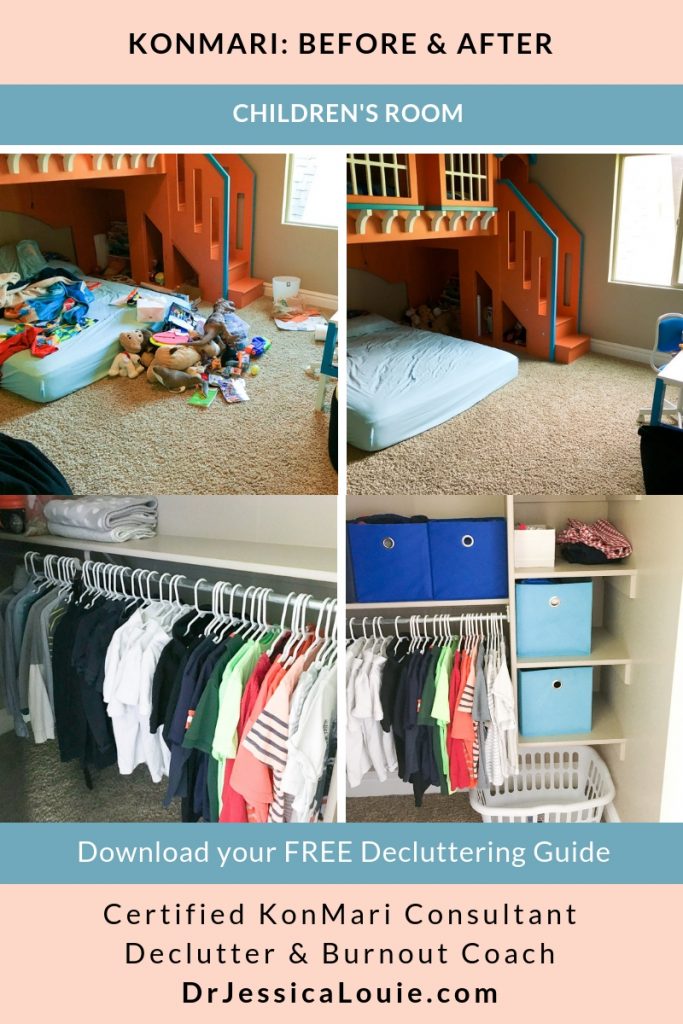 KonMari Method before and after photos with Dr. Jessica Louie, PharmD, Certified KonMari Consultant and Coach in Los Angeles. Declutter Coach and Burnout Coach. Joyful and intentional living. Happy PharmD. Japanese organizing to change life. Curate a life you love. DrJessicaLouie.com. Children's closet