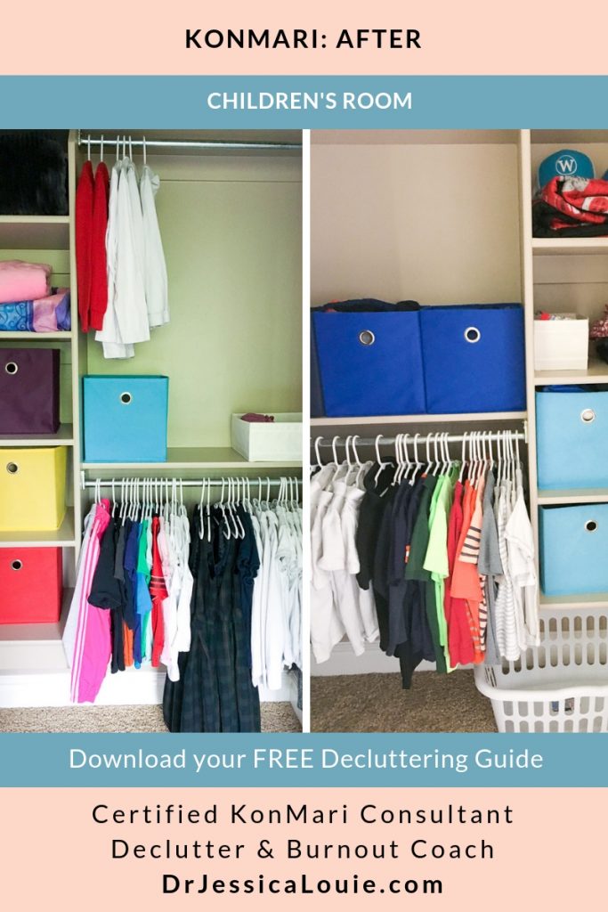 KonMari Method before and after photos with Dr. Jessica Louie, PharmD, Certified KonMari Consultant and Coach in Los Angeles. Declutter Coach and Burnout Coach. Joyful and intentional living. Happy PharmD. Japanese organizing to change life. Curate a life you love. DrJessicaLouie.com. Children's closet