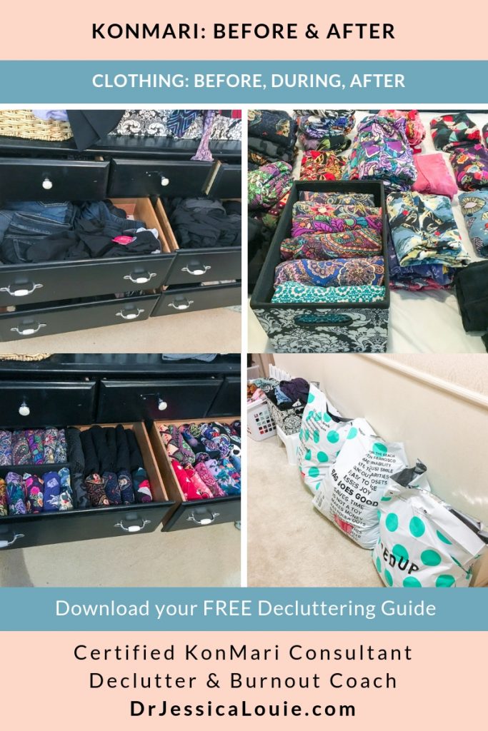 KonMari Method before and after photos with Dr. Jessica Louie, PharmD, Certified KonMari Consultant and Coach in Los Angeles. Declutter Coach and Burnout Coach. Joyful and intentional living. Happy PharmD. Japanese organizing to change life. Curate a life you love. DrJessicaLouie.com. Clothing Thredup