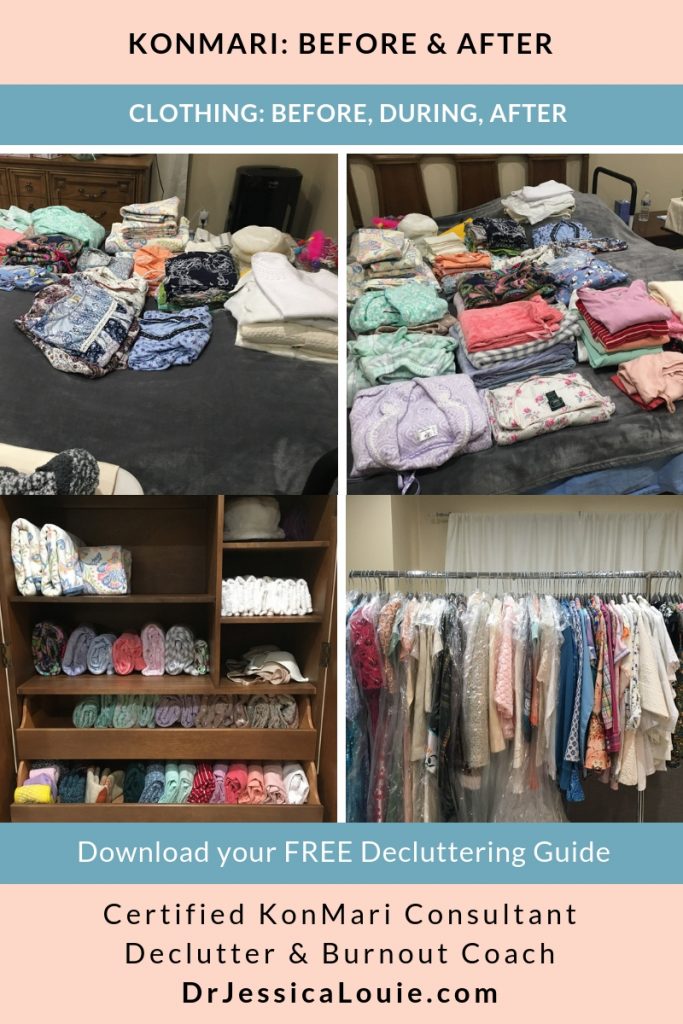 KonMari Method before and after photos with Dr. Jessica Louie, PharmD, Certified KonMari Consultant and Coach in Los Angeles. Declutter Coach and Burnout Coach. Joyful and intentional living. Happy PharmD. Japanese organizing to change life. Curate a life you love. DrJessicaLouie.com. Elderly closet