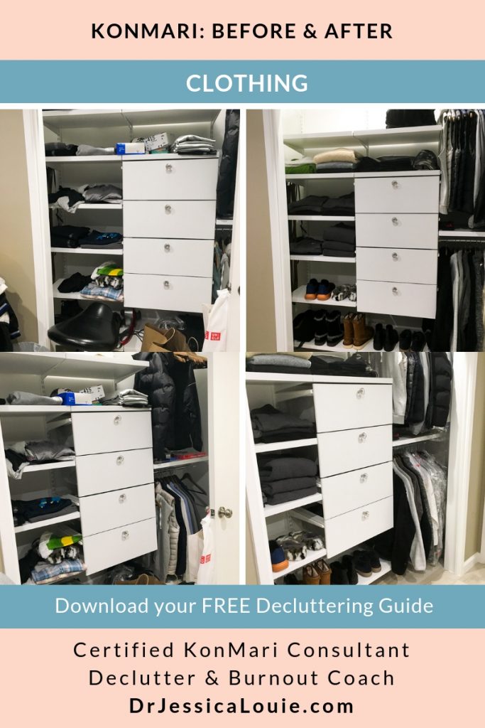 KonMari Method before and after photos with Dr. Jessica Louie, PharmD, Certified KonMari Consultant and Coach in Los Angeles. Declutter Coach and Burnout Coach. Joyful and intentional living. Happy PharmD. Japanese organizing to change life. Curate a life you love. DrJessicaLouie.com. Men's closet