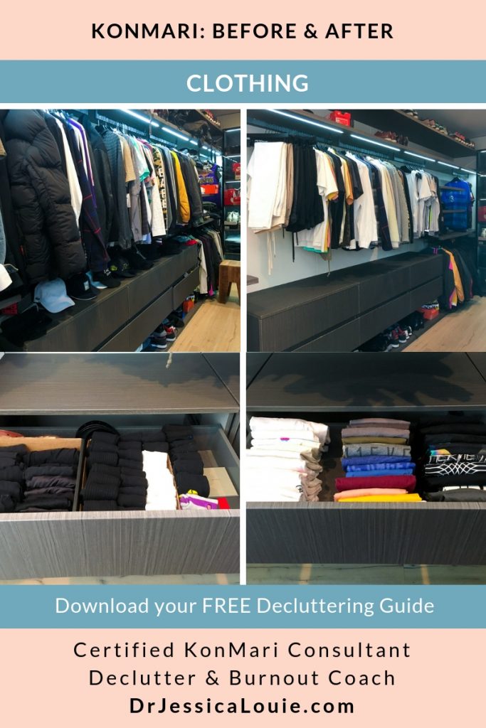 KonMari Method before and after photos with Dr. Jessica Louie, PharmD, Certified KonMari Consultant and Coach in Los Angeles. Declutter Coach and Burnout Coach. Joyful and intentional living. Happy PharmD. Japanese organizing to change life. Curate a life you love. DrJessicaLouie.com. Men's closet