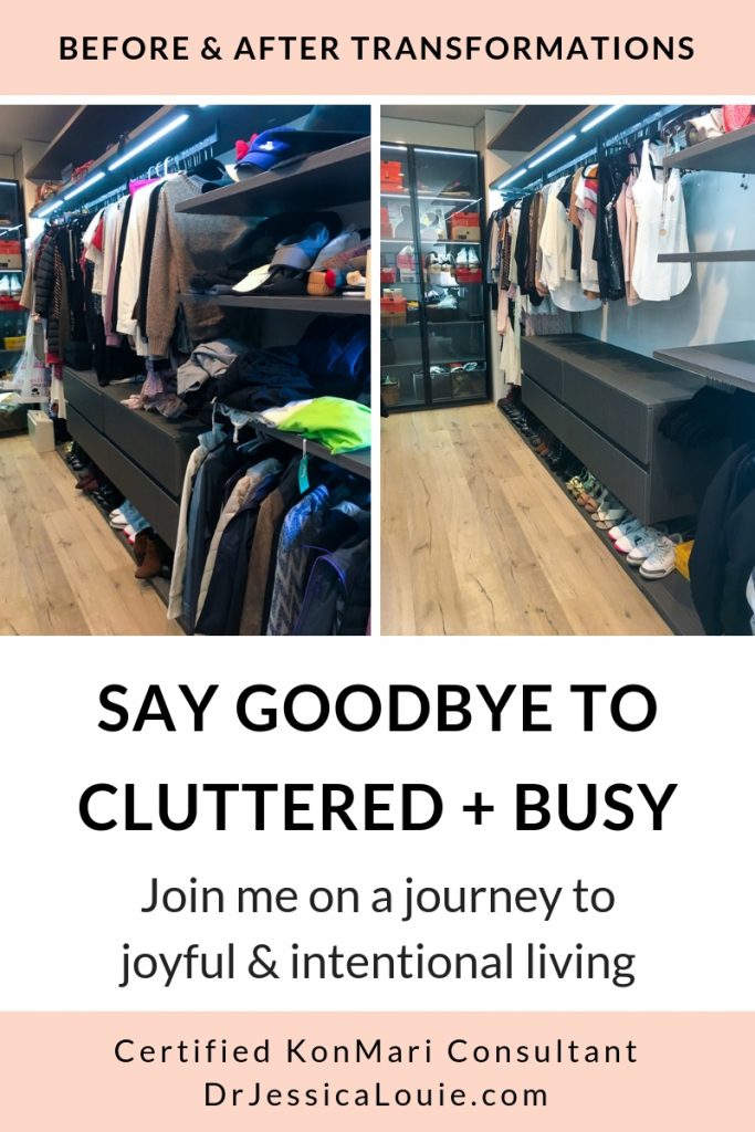 KonMari Method before and after photos with Dr. Jessica Louie, PharmD, Certified KonMari Consultant and Coach in Los Angeles. Declutter Coach and Burnout Coach. Joyful and intentional living. Happy PharmD. Japanese organizing to change life. Curate a life you love. DrJessicaLouie.com. Women's closet