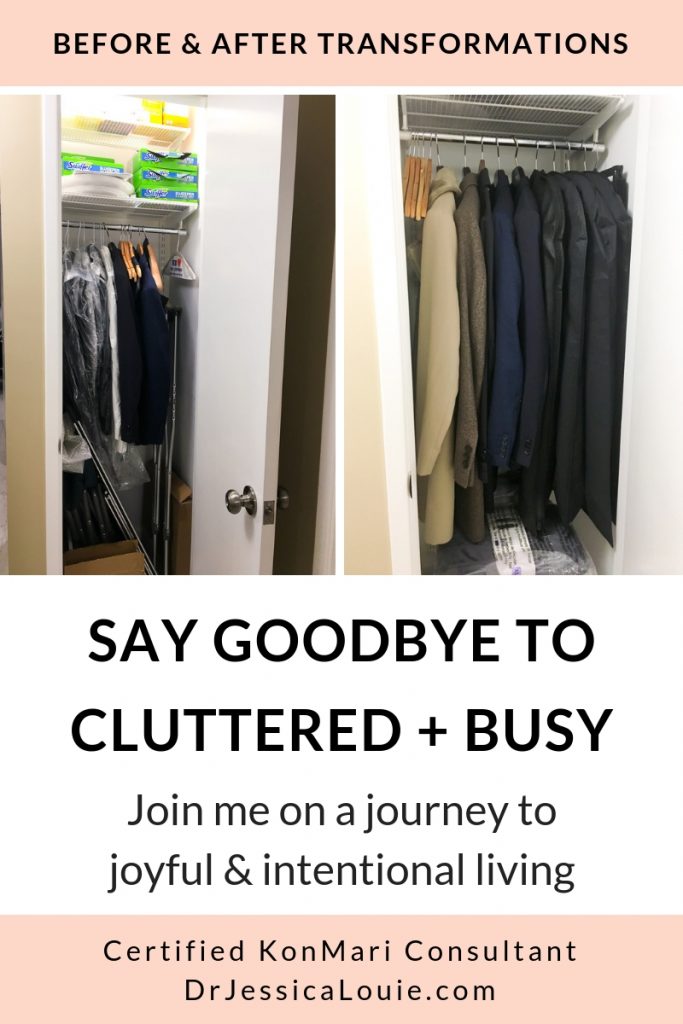 KonMari Method before and after photos with Dr. Jessica Louie, PharmD, Certified KonMari Consultant and Coach in Los Angeles. Declutter Coach and Burnout Coach. Joyful and intentional living. Happy PharmD. Japanese organizing to change life. Curate a life you love. DrJessicaLouie.com. KonMari men's suits