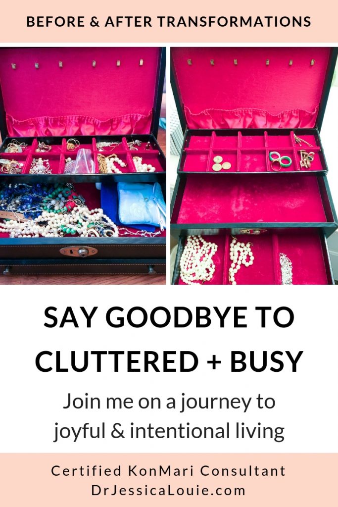 KonMari Method before and after photos with Dr. Jessica Louie, PharmD, Certified KonMari Consultant and Coach in Los Angeles. Declutter Coach and Burnout Coach. Joyful and intentional living. Happy PharmD. Japanese organizing to change life. Curate a life you love. DrJessicaLouie.com. KonMari jewelry