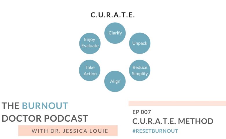 Ep 007: CURATE Method to goal set, 90-day goal planning, The Burnout Doctor Podcast, a podcast hosted by Dr. Jessica Louie, PharmD, APh, BCCCP to help pharmacists and healthcare professionals clear the clutter and reset burnout. Declutter Coach and Burnout Coach with Certified KonMari Consultant. Join for conversations on decluttering, simplifying, well-being and pharmacist burnout, physician burnout. #ResetBurnout & prevent burnout in healthcare and medicine. Women in medicine. Clarify and simplify online courses, Curate a life you love Circle Membership and one on one coaching available. Clarify Simplify Align. Happy PharmD & Happy MD living.