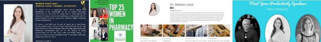 Podcast Guest Features, FabFitFun, Top Female Pharmacists, Dr. Jessica Louie Featured In and Press in FabFitFun, USC School of Pharmacy, Pharmacy Times, NBC LA, Fatherly. Clarify Simplify Align Method and The Burnout Doctor Podcast. 6 Steps to Cultivating Joy at Work Workshop, watch free instantly!