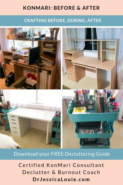 KonMari Method before and after photos with Dr. Jessica Louie, PharmD, Certified KonMari Consultant and Coach in Los Angeles. Declutter Coach and Burnout Coach. Joyful and intentional living. Happy PharmD. Japanese organizing to change life. Curate a life you love. DrJessicaLouie.com. crafting Ikea desk scrapbooking stickers paint pencils